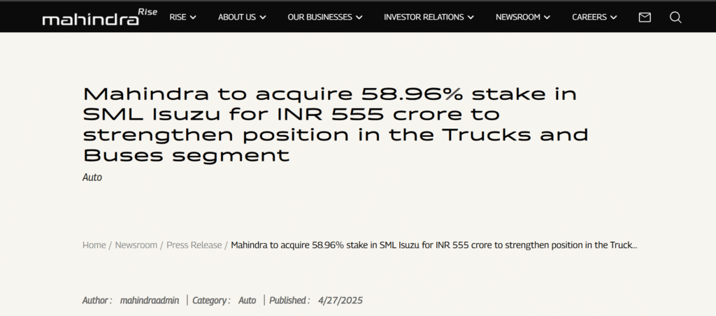 M&M Official Press release regarding the acquisition of a majority stake in SML Isuzu.
