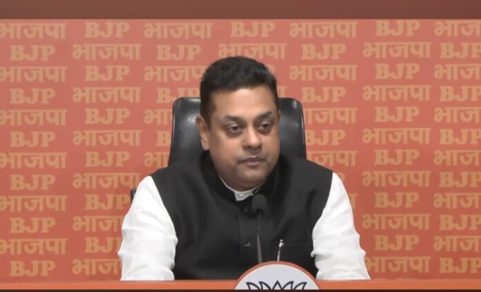 Sambit Patra Addresses a Press Conference at BJP Headquarters in New Delhi.