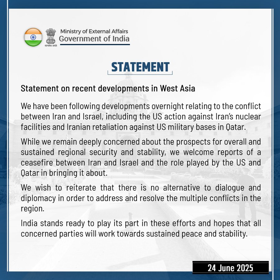 Ministry of External Affairs statement on recent developments in West Asia. | PMN Patralok