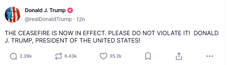 Mr. Trump said in a post on social media platform Truth Social June 24, 2025. | PMN Patralok