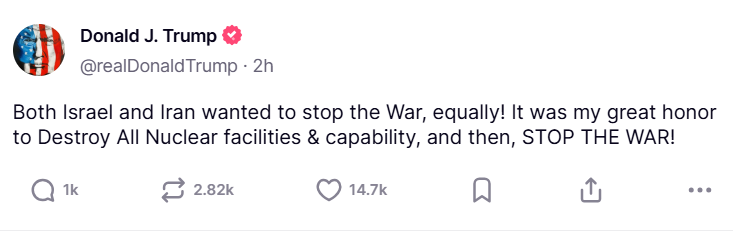 Mr. Trump said in a post on social media platform Truth Social June 24, 2025. | PMN Patralok