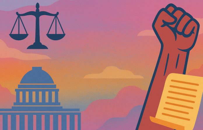 AI Generated Image; Symbolic depiction of India’s constitutional journey, balancing justice, democratic governance, and people’s enduring fight for rights.