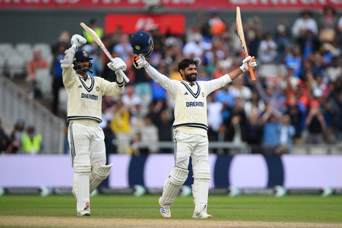 Jadeja celebrates after completing a memorable hundred. (Image Credits- ICC/X)