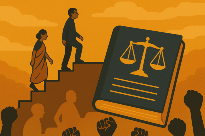 AI Generated Image; The steps signify social mobility through law, the book embodies constitutional justice, and raised fists represent collective struggle against caste oppression.