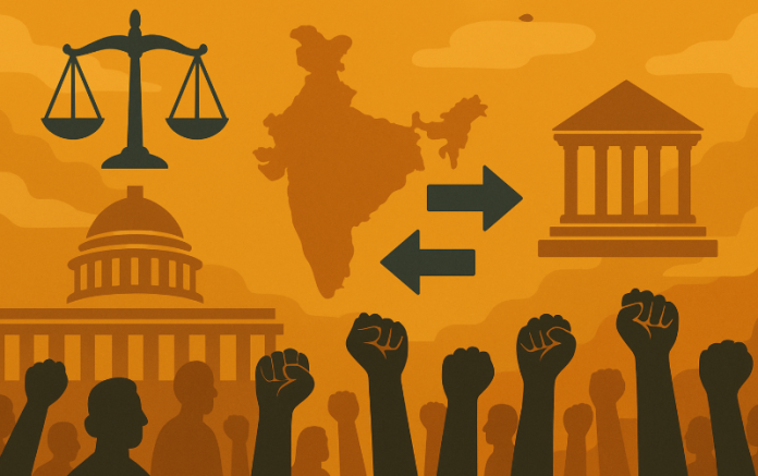 Scales, protests, and governance buildings depict India’s power balance between the Centre and the States. Image credit- AI Generated