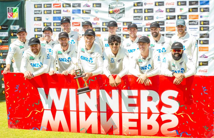 New Zealand players celebrate after an emphatic win. (Image Credits- Zimbabwe Cricket/X)
