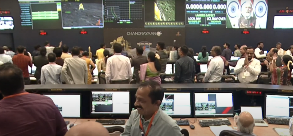A snapshot from ISRO Headquarters moments after the successful soft landing of Chandrayaan-3 | Image Credit: @NarendraModi via YouTube