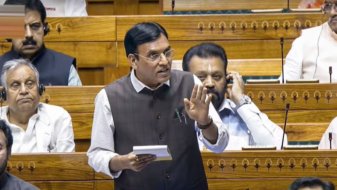 Union Sports Minister Mansukh Mandaviya addressing the Lok Sabha during the debate on the National Sports Governance Bill, 2025 | PMN Patralok