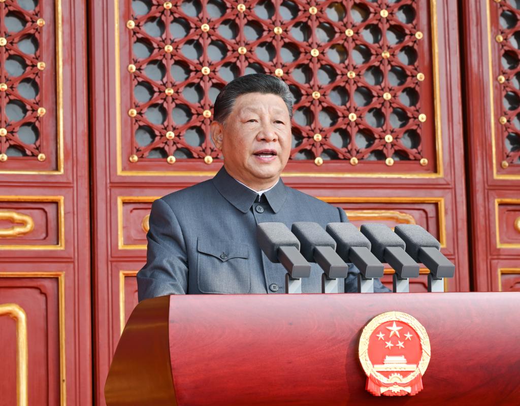 Xi Jinping speaks at a podium with the national emblem of China, addressing the audience during the 2025 military parade in Beijing | PMN Patralok