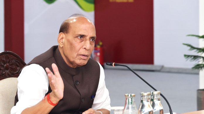 Defence Minister Rajnath Singh on Tuesday whilen addressing the 16th Combined Commanders’ Conference in Kolkata image credits:X/ @rajnathsingh