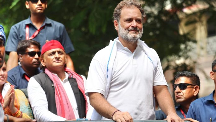 Congress leader Rahul Gandhi during the Voter Adhikar Yatra in Bihar, joined by INDIA bloc allies