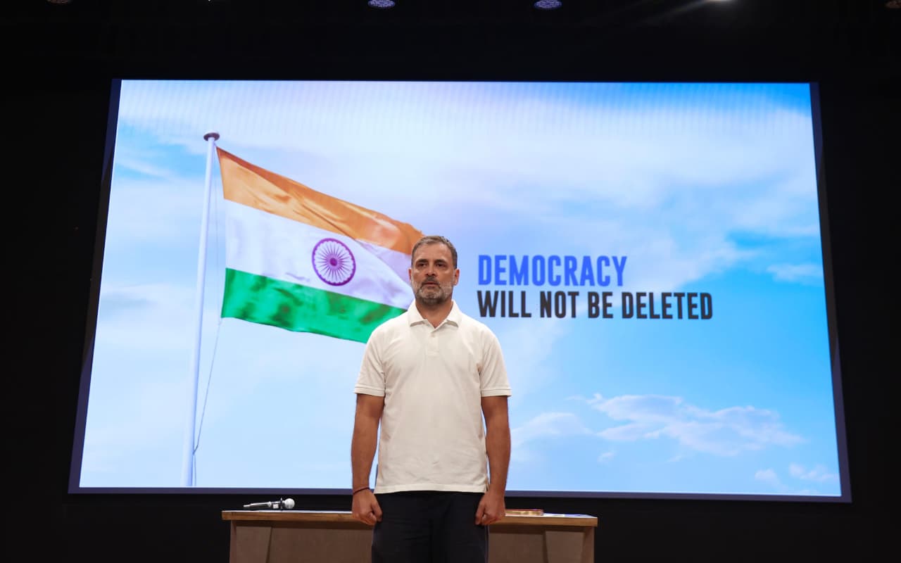 Congress MP Rahul Gandhi during his press conference alleging large-scale voter deletions and demanding accountability from the Election Commission in New Delhi on September 18, 2025. Congress MP Rahul Gandhi during his press conference alleging large-scale voter deletions and demanding accountability from the Election Commission in New Delhi on September 18, 2025.